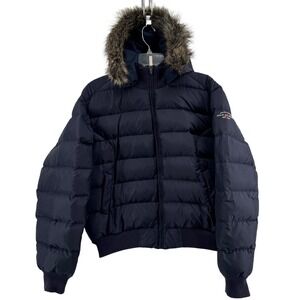 Polo Jeans Co Ralph Lauren Puffer Jacket Womens XL Navy Blue Down Faux Fur Hood